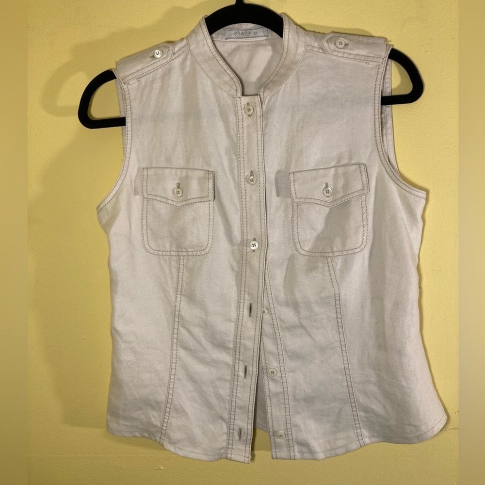 Prada Vest Womens Sz L Cream 100% Linen Button Up Utility Safari Made In Italy - Picture 2 of 9
